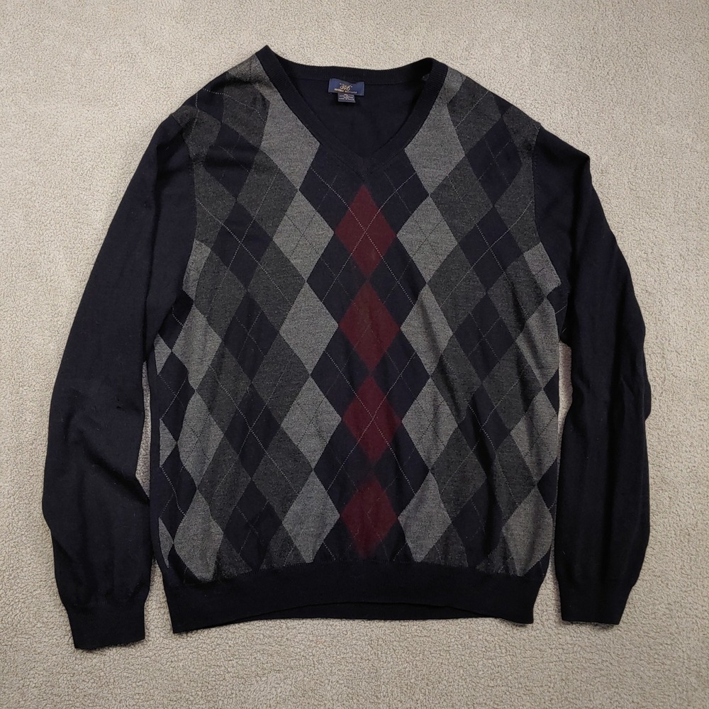 Brooks Brothers Sweater - Men XL Navy Blue Argyle V-Neck 100% Merino Wool 346